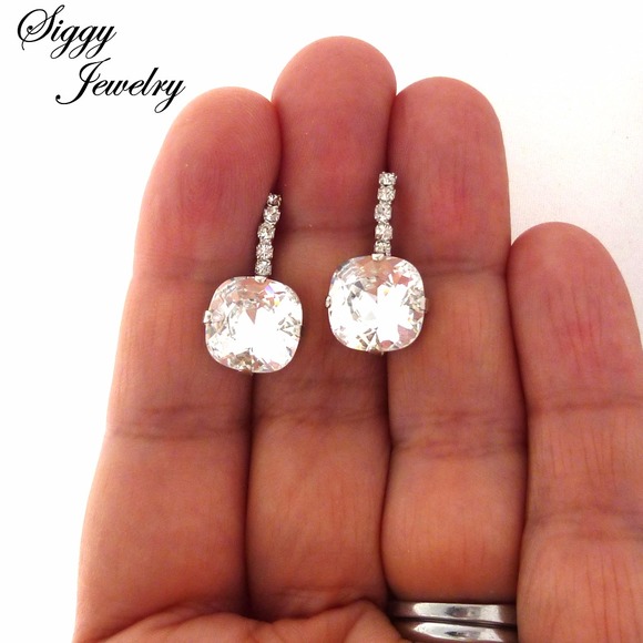COPY - Swarovski Crystal Cushion Cut Drop Earrings - Picture 4 of 9